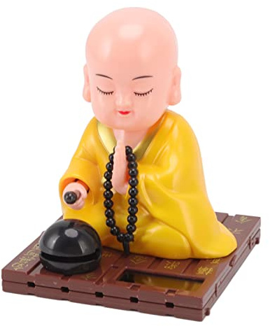 Fockety Kleiner Mönch Figur, helle Farbe Kunststoff sturzsicher Solarenergie angetrieben Solar Kopf Spielzeug automatisch Nicken Klopfen Solar buddhistischen Mönch Ornamente (Gelb)