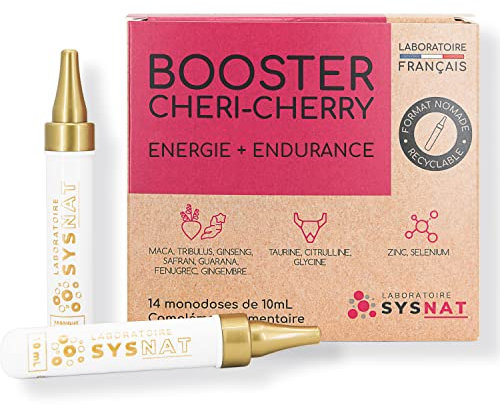 Energie • Endurance • Fatigue • Taurine Ginseng Gingembre Maca Tribulus Fenugrec Safran Guarana Citrulline Glycine Zinc Sélénium • 14 powershots • BOOSTER CHÉRI-CHERRY • Laboratoire SYSNAT