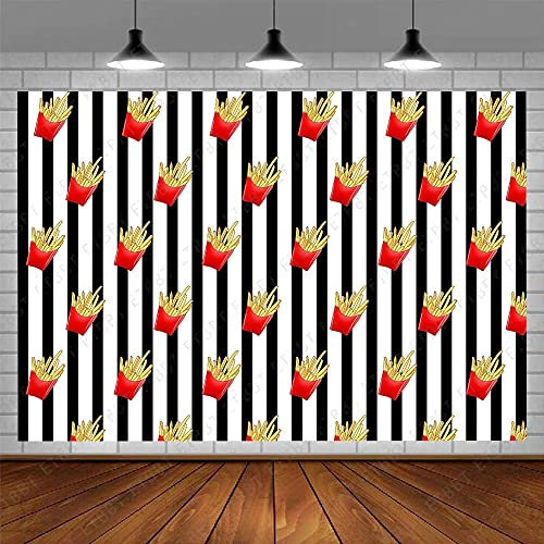 EMDSPR French Fries Backdrop, 5x3FT Vinyl, Funny Fried Junk Food Snack Picnic Party Photography Background Black and White Stripes Party Decor Banner Photo Studio Props BJOKPR0107