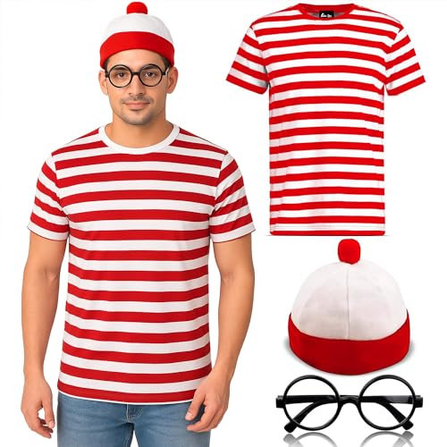 The Fancy Dress® Costume 3 pièces pour homme et femme avec t-shirt à rayures rouges et blanches et lunettes – Costume pour adulte (rouge et blanc, taille L)