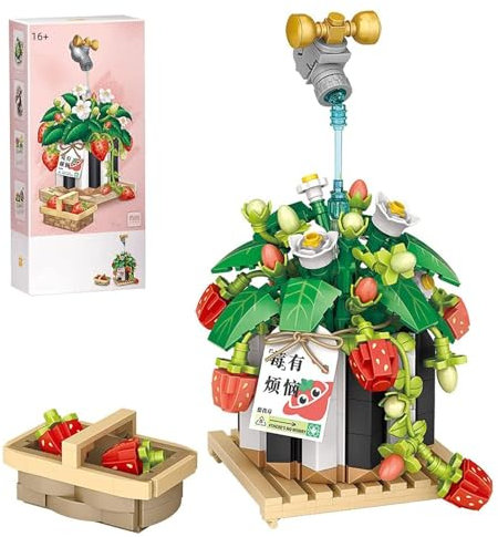 Bonsai Plant Kit, Strawberry and Amaryllis Bouquet in Pot, Mini Building Block Kit, Creative DIY Artificial Flowers Kit, Gift for Children and Adults, Not Compatible with Lego (1284 & 1285)