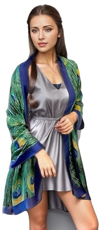 LA FERANI Designer Grün 100% Seidentuch Sommer Pfau Halstuch Seide Chiffon Schal Damen Umschlagtuch Sommer 180x90cm Stola Seidenschal Sommer Geschenk Idee Tochter Mutter