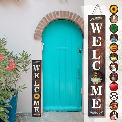 Evursua Vertical Welcome Sign for Front Door Porch, Standing Tall 47 Inch, Wooden, Rustic Brown, 12 Interchangeable Seasonal Signs, Heavy Duty, Wind Resistant