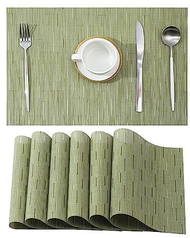Leetaltree Platzdeckchen-Set, hitzebeständig, rutschfest, waschbar, langlebig, PVC-Vinyl, gewebt, 6 Stück, Erbsengrün, 6 Stück