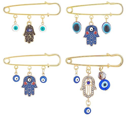 WEBEEDY 4 Stück Evil Eye Brosche Böses Auge Strass Charme Türkischer Strass Böses Auge Brosche Amulett Blau Glücksbringer Böses Auge Sicherheits Brosche Pin Schmuck für viel Glück