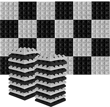 Hatem 24 PièCes 25X25X5Cm Studio Acoustique Mousse InsonoriséE Pyramide Isolation Bruit Panneaux Traitement Absorption Sonore Noir+Gris