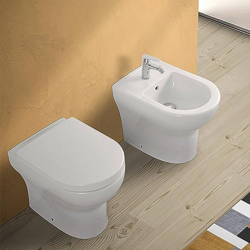 Inbagno Sanitari Bagno filomuro Senza brida Rimless con Scarico Universale, copriwc Originale e Kit di Fissaggio Incluso, Serie PESTUM