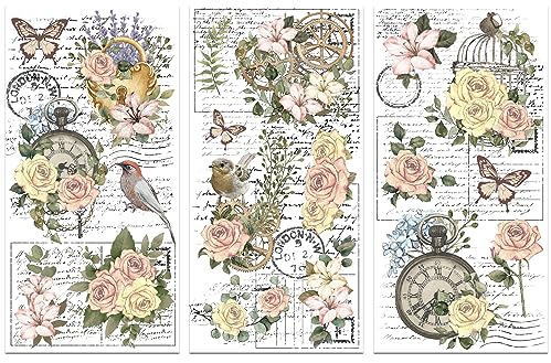 GLOBLELAND 3 Hojas Flores Pájaros Frotar Transferencias Flores Vintage Transferencias para Manualidades Frotar Transferencias para Manualidades Y Muebles Decoración Del Hogar Calcomanías Etiquetas