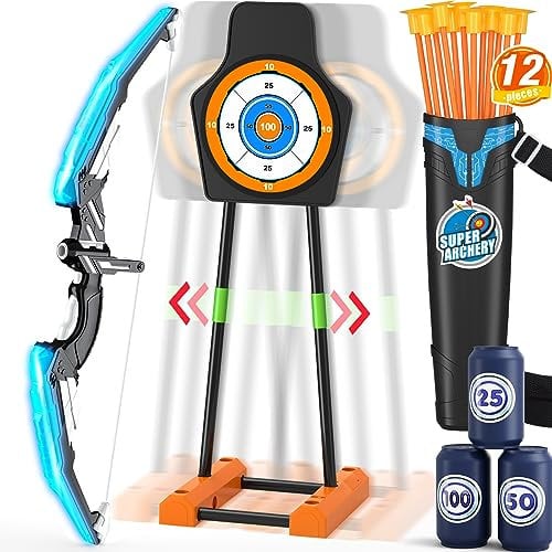 HYES Pfeil und Bogen Spielzeug für Kinder Bogenschießen Set mit 1 Bogen, 12 Saugnapfpfeile, 1 Bewegliches Ziel, 1 Pfeilhalter & 3 Score Ziele, Indoor Outdoor Geschenk für Jungen Mädchen, Blau