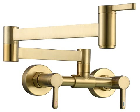 Tecmolog Brushed Gold Kitchen Sink Pot Filler Faucet Wall Mount Brass Hot and Cold Mixer Tap for Kitchen, BJ21241