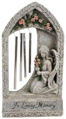 Biblegifts 24cm Grave Angel Windchimes In Loving Memory Stone Look Resin Ornament with Pink Roses Boxed Gift