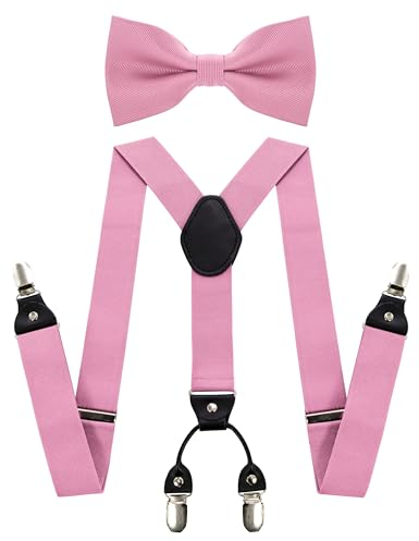 JEMYGINS Herren Hosenträger mit Vier Clips und Elastischem Rückenband inklusive Fliege Set,Rosa