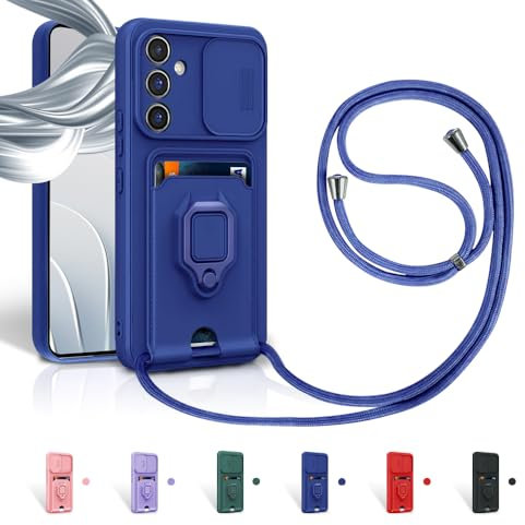 Aithne Cordon de Coque pour Samsung Galaxy S24 Plus,Couvercle Coulissant de la Caméra+Support Annulaire à 360 Degrés,Fentes pour Cartes Lanyard Silicone Case -Bleu