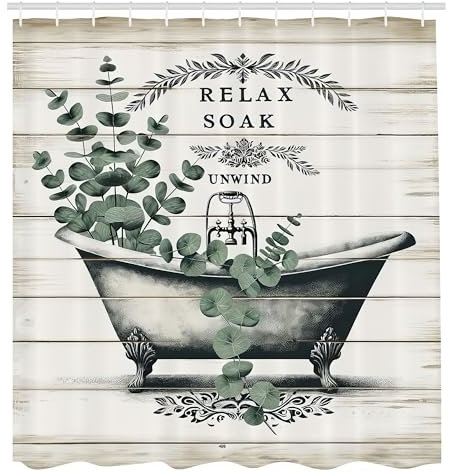 ABAKUHAUS Ferme Rideau de Douche, Baignoire De Style Vintage Et Branches D'Eucalyptus sur des, Material Resistente al Agua Durable Estampa Digital, 175 cm x 200 cm, Vert Laurier Blanc cassé