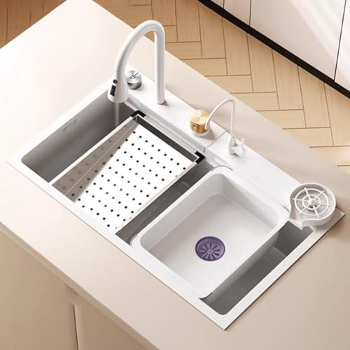 Küche, einfaches weißes Edelstahl-Küchen-Wasserfall-Waschbecken, 68/75/80 cm Waschbecken mit Multifunktions-Wasserhahn, Apartment-Aufsatzwaschbecken, betreten Sie das Wasser auf den linken Waschbecke