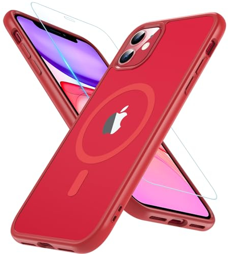 Kompatibel für iPhone 11 Hülle Kompatibel mit MagSafe Transluzente Matte Handyhülle für iPhone 11 Magnetisch Stoßfeste Schutzhülle iPhone 11 Case mit Schutzfolie für iPhone 11 6.1 Zoll (Rot)