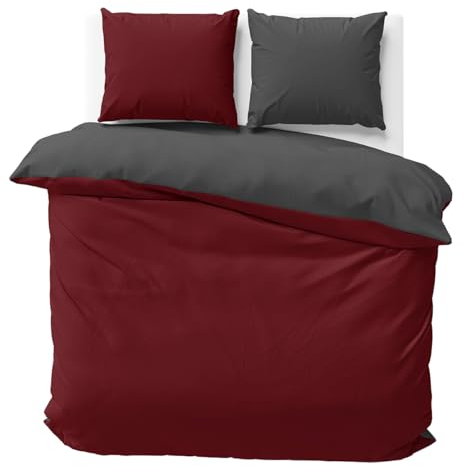 Visaggio Wende Bettwäsche Mikrofaser 200x220 cm + 2X Kissenbezug 80x80 cm Bordeaux Anthrazit Bettbezug Set Allergiker geeignet Atmungsaktiv