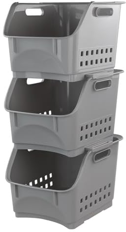 Annkky 3 Tiers Stackable Storage Baskets, Plastic Stacking Organizer Basket Bin, Grey