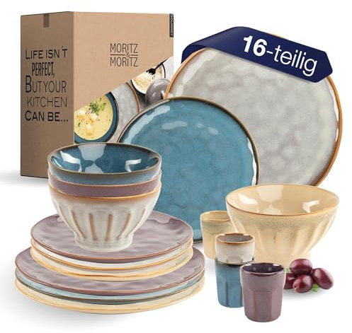 Moritz & Moritz COPA 16-tlg Geschirrset 4 Personen - Elegantes Teller Set aus hochwertigem Steinzeug - Geschirr Set 4 Personen aus je 4x Dinnerteller, Dessertteller, Müslischale & Kaffeebecher