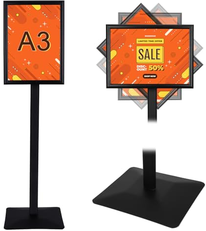 Infoständer DIN A3 mit 297×420 mm. Stahl-Schildhalter,Schwarz Design Informationsständer (1.25 m), Hoch-Querformat, für Plakate Zeichenrahmen Hochzeits Geschäftsereignisanzeige (Schwarz, A3-1)
