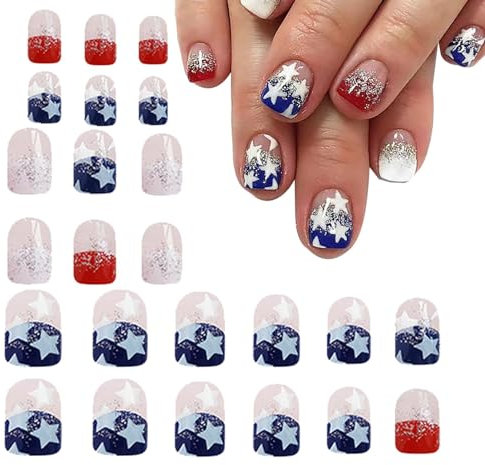 Vuggdt 4th Of July Press On Nails | Flag Design Full Nails, Cute Stick-on Nails Stars And Stripes Short Square Fake Nails For Nail Salon