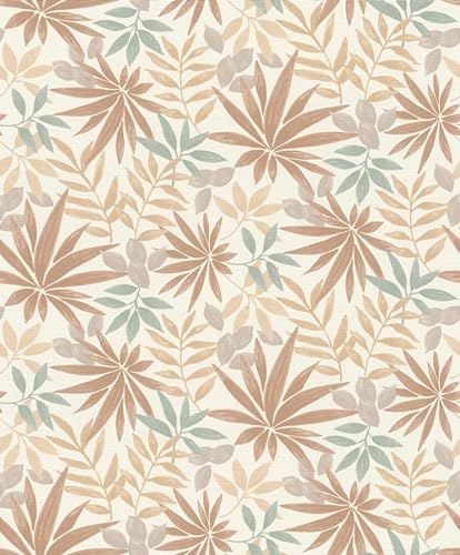 Rasch Tapete 580228 - Helle Vliestapete mit Blättern und Pflanzen in Beige, Taupe und Grün aus der Kollektion Country Charme