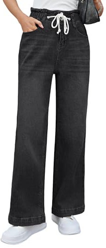 Roskiky Y2k Jean pour femme - Coupe large - Taille élastique - Coupe large - Taille élastique, Noir , M