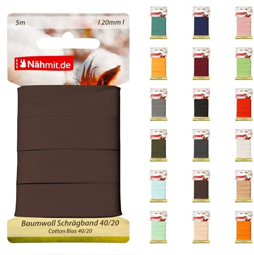 Nähmit 5m Karte Baumwoll Schrägband, 100% Baumwolle 20mm Breit - 40/20 vorgebügeltes Schrägband (A20-Braun, 5m Karte)