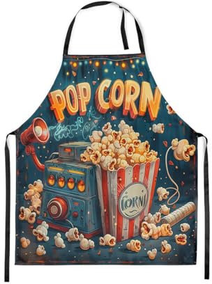 Homewish Popcorn Kochschürze für Keramik, Retro Popcorn Maschine Schürze, Vintage Grunge Stil Lätzchen Schürze 78x66 (LxW), 70S 80S Kino Chef Schürze für Frauen Männer Erwachsene
