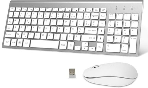 Clavier Souris sans Fil - AZERTY 2.4G Silent Compact Clavier de Souris Pleine Taille Ergonomique pour PC/Ordinateur/Laptop/TV/Windows - Blanc argenté