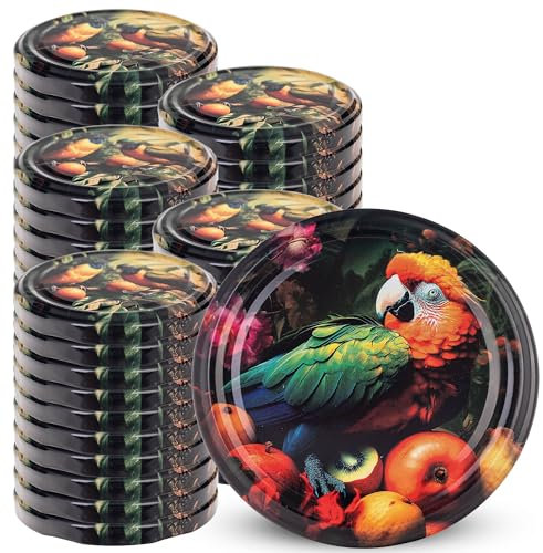 KADAX Schraubdeckel fi82 mm x 50st, Twist-Off-Deckel Set aus Metall, Ersatzdeckel für Einmachgläser, Deckel mit 6 Einrastzähnen fürsturzgläser und Einmachgläser (Exotische Vögel, 50stück)