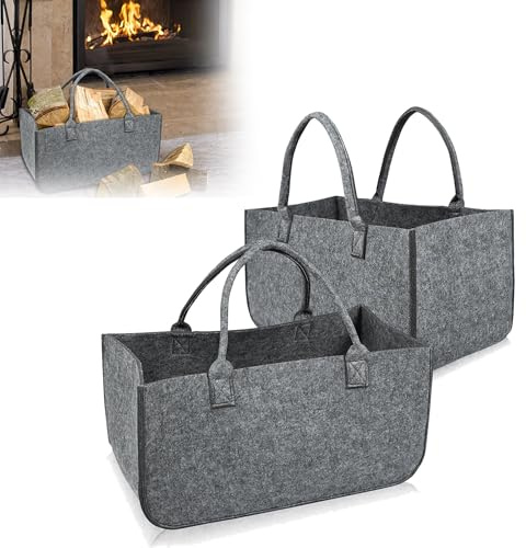 QEENTOE Kaminholztasche Filz Tasche Filztasche Shopper Faltbar Mit Griffen Filz Filztaschen Für Brennholztransport Einkäufe 50 x 25 x 25 cm Hellgrau 2 Stück