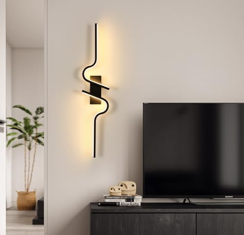 SENQIU Wandleuchte LED Innen Moderne, 60CM 16W Wandlampe Kreative Gebogenes Design, Wandleuchte Innen aus Aluminium für Wohnzimmer Korridor Treppen Schlafzimmer Restaurant, Warmweiß 3000K, Schwarz