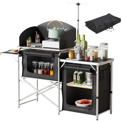 Warmiehomy Folding Camping Storage Unit Portable Camping Kitchen Unit Camping Cupboard with Aluminium Light Stand, Black, 111 x 147 x 46 cm