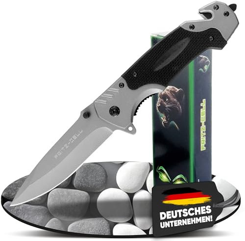 fritz-cell Klappmesser Einhandmesser Survival Taschenmesser Outdoor Messer schwarz silber R75 mit Glasbrecher und Gurtschneider