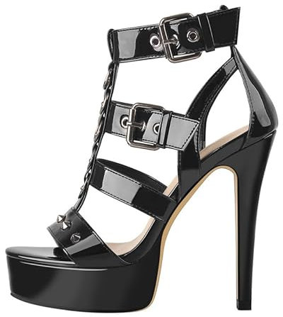 blingqueen Damen Sandaletten Lackoptik Plateau Sandalen Nieten Stiletto Römersandalen Schnallen Metallic Schwarz 37 EU