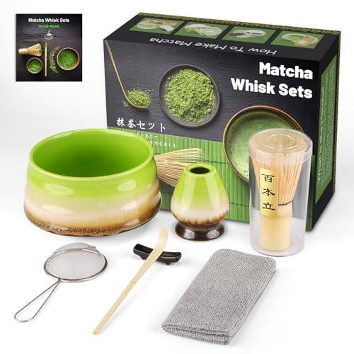 7 Pcs Matcha Tea Set with Bamboo Whisk, Ceramic Bowl, Scoop & Holder,Matcha Tea Kit for Making Breakfast/Matcha Latte, Ideal Matcha Gift Set for Beginners and Enthusiasts