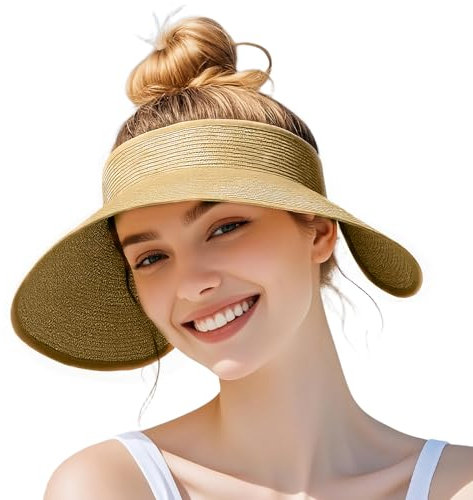 powerking Sonnenschutz für Frauen, UV-Schutz breiter Rand Stroh Strandhut, verpackbare klappbare Pferdeschwanz Sommerhüte perfekt für den Sommerurlaub, Khaki