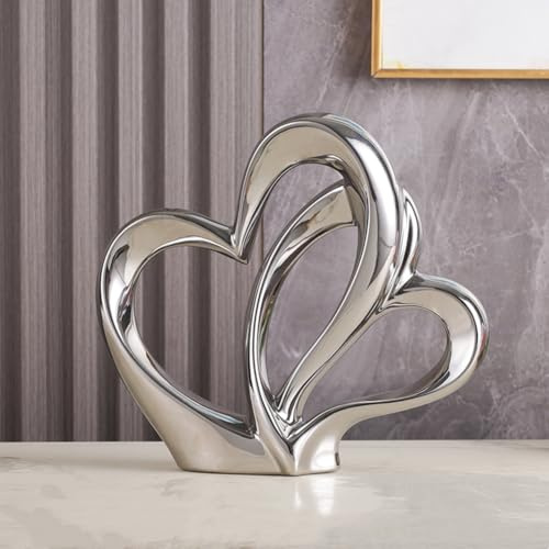 ODMYZG Double Heart Ornament,Double Heart Ceramic Statue,Home Decoration sculpture,Creative Home Modern Gift Office Living Room Decoration Collection Souvenir,Gift. (Silver C)