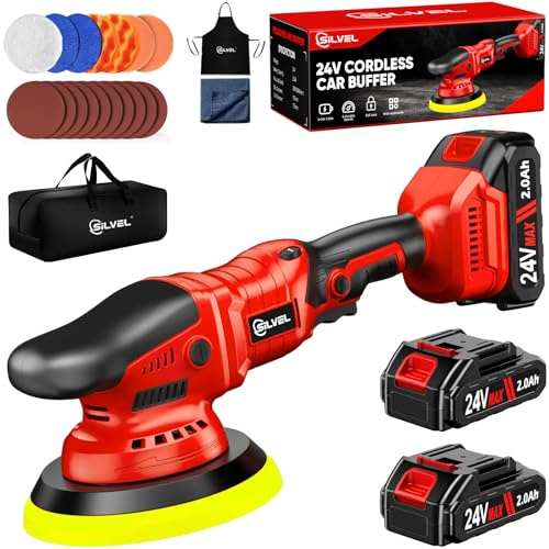 SILVEL Cordless Car Buffer Polisher, 2 X 2000mAh 24V Batteries, 2800-5800 RPM Car Polishing Kit with 5 Inch Car Buffer Waxer Kit, Car Polishing Machine,6 Variable Speed for Car Detailing