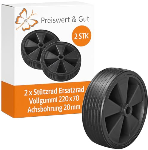 Preiswert&Gut 2X Ersatzrad Stützrad für Anhänger, Vollgummi Rad 215mm mit 20mm Achse für Wohnwagen und PKW Anhänger, robuste Kunststofffelge