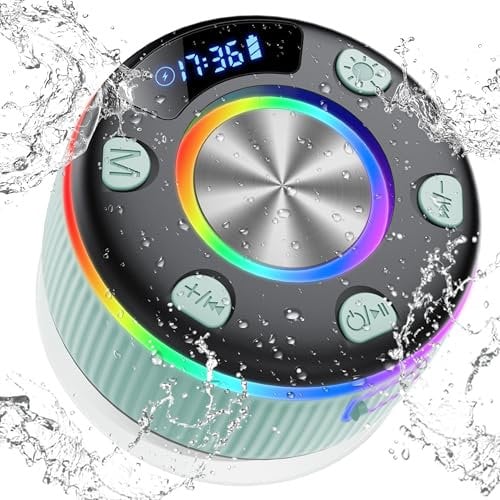 Bluetooth Shower Speaker, Portable Wireless Speaker with Time Display, 2025 IP7 Waterproof Mini Speakers with 360° Stereo Bass Sound, RGB Lights, Bulit-in Mic, Suction Cup for Bathroom, Travel, Green
