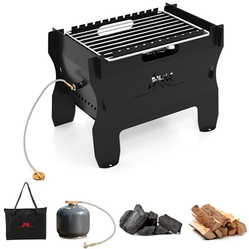 GYMAX Barbecue Portable de Table, Polycombustible à Gaz ou Charbon, Gril en Acier Inoxydable, avec Tuyau de Gaz, Plat pour Brochettes, Sac de Transport, pour Extérieur Camping Pique-Nique Jardin