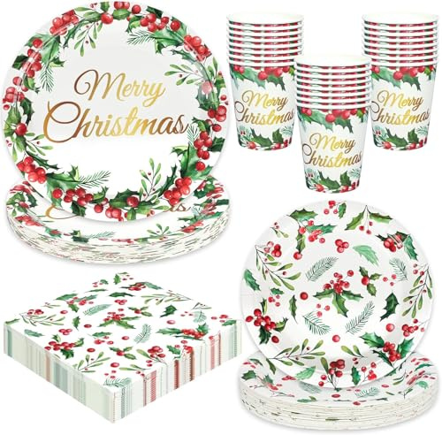 LATERN 100 Pezzi Stoviglie di Carta per Feste Natalizie, 25 x 9 Pollici Piatti Piani, 25 x 7 Pollici Piatti da Insalata, 25 x 270ml Tazze, 25 x 16CM Tovaglioli - per Natale Festività Feste Decorazioni