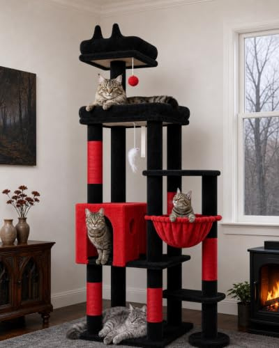 Globlazer Kratzbaum Stabil mit Mehrere Liegebereich für 2/3 Katzen F65B | Eckkratzbaum grosse katzen stabil mit Katzenhaus Plattform, Einfach zu montieren Katzenbaum für Groß Katzen Innenbereich