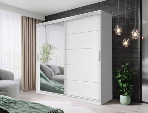 FHI-IBIZA Modern Sliding Door Wardrobe with Full-Length Mirror – Bedroom Closet Storage Cabinet – Available in 100cm, 120cm, 150cm, 180cm, 203cm & 250cm – White, Black, Grey & Oak (White, 203cm)