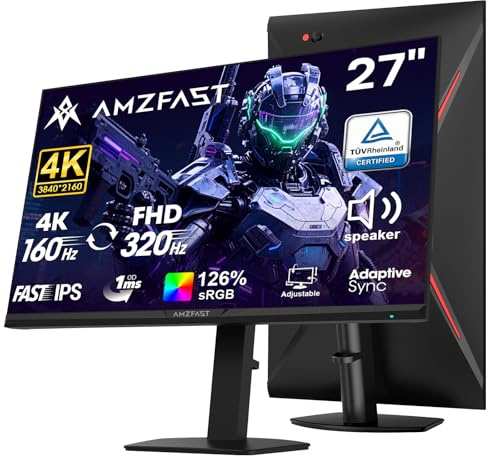 Amzfast Monitor Gaming, 27 Pollici Dual Mode Monitor PC Gamer, 4K UHD160HZ, FHD 320 HZ, altoparlanti integrati, 1MS MPRT, HDR 400, sRGB126%, HDMl 2.1, DP1.4, Adaptive Sync, PBP/PIP-AMZG27F6U