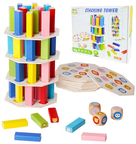Tmefoy Montessori Brettspiel aus Holz, 54 Stück Bunte Blöcke Würfelspiel für Kinder ab 3 Jahre, Lernspielzeug zur Förderung von Konzentration & Feinmotorik, Familienspiel Reisespiel Geschenk für Junge