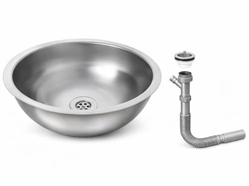 Évier Rond Inox Ø34 cm – Avec Siphon – Évier de Cuisine Sans Trou de Robinet – Évier Camping & Caravane