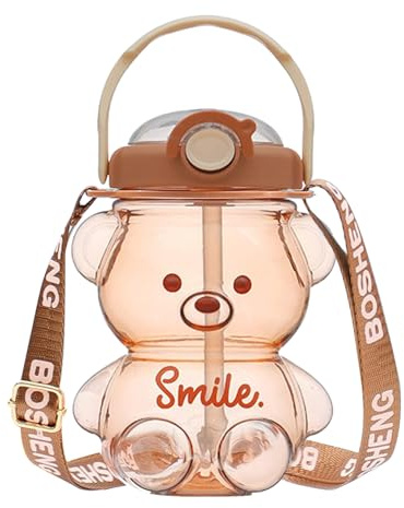 Gobelet en paille Honey Bear, bouteille d'eau Kawaii avec paille et sangle, 1 L, bouteilles d'eau en forme 'ours mignon, portables, étanches, sans BPA, gobelets en plastique pour enfants, filles, fe